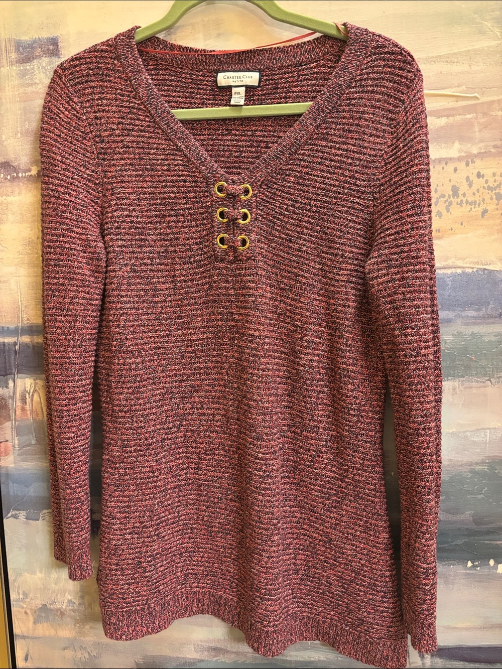 Charter Club Marled Red Lace-Up V-Neck Sweater Top